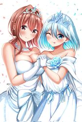  2girls :p amagami-san_chi_no_enmusubi amagami_asahi amagami_yuna bare_shoulders blue_eyes blue_flower blue_rose bow breasts brown_eyes brown_hair cleavage collarbone confetti corrupted_twitter_file dress flower gloves hair_between_eyes hand_on_another&#039;s_hip highres holding_hands interlocked_fingers long_hair multiple_girls one_eye_closed rose ryopa short_hair siblings signature sisters strapless strapless_dress tiara tongue tongue_out wedding_dress white_bow white_dress white_gloves wife_and_wife yuri 