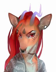  ambiguous_gender antelope anthro black_gargoyley bovid clothed clothing digital_media_(artwork) eyelashes facial_markings facial_piercing hair head_markings horn long_hair looking_at_viewer mammal markings nose_piercing piercing red_eyes red_hair shaded simple_background solo white_background 