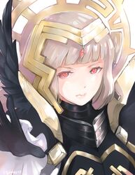  armor black_armor black_gloves closed_mouth commentary_request crown female fire_emblem fire_emblem_heroes gloves grey_hair hair_ornament highres long_hair protected_link qumaoto red_eyes solo veronica_(brave_princess)_(fire_emblem) veronica_(fire_emblem) 