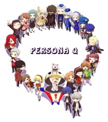  6+boys 6+girls :d aegis_(persona) amada_ken amagi_yukiko aragaki_shinjirou black_hair blonde_hair blue_eyes blue_hair boots brown_eyes brown_hair canine cape chibi chim collar commentary_request corn_dog dark_skin dress elizabeth_(persona) everyone gekkoukan_high_school_uniform grey_hair hairband hanamura_yousuke hat highres iori_junpei kirijou_mitsuru koromaru_(persona) kujikawa_rise kuma_(persona_4) long_hair margaret_(persona) marie_(persona_4) multiple_boys multiple_girls narukami_yuu one_eye_closed open_mouth pantyhose persona persona_3 persona_4 persona_q:_shadow_of_the_labyrinth persona_q_(series) red_hair rei_(persona_q) sanada_akihiko satonaka_chie school_uniform serafuku shirogane_naoto short_hair skirt smile spiked_collar spikes tatsumi_kanji theodore_(persona) twintails white_legwear yamagishi_fuuka yasogami_school_uniform yellow_eyes yukari_takeba yuuki_makoto_(persona_3) zen_(persona_q) 