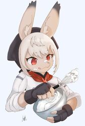  anthro baker bowl brown_body brown_fur clothing container cream_(food) enko female fingerless_gloves fur gloves handwear hi_res kirsch_(live_a_hero) kitchen_utensils lagomorph leporid lifewonders live_a_hero mammal rabbit red_eyes solo tools whisk 