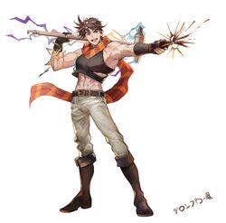  1boy abs az_(kroneko007) battle_tendency boots bottle cola crop_top crop_top_overhang electricity fingerless_gloves full_body gloves goggles goggles_on_head granblue_fantasy hammer hamon jojo_no_kimyou_na_bouken joseph_joestar joseph_joestar_(young) knee_boots male_focus midriff minaba_hideo_(style) open_mouth over_shoulder parody scarf sledgehammer smile solo spiked_hair standing striped_clothes striped_scarf style_parody 