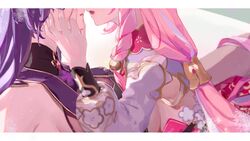  2girls absurdres breasts commentary_request elysia_(herrscher_of_human:_ego)_(honkai_impact) elysia_(honkai_impact) elysia_(peachy_spring)_(honkai_impact) hand_on_another&#039;s_cheek hand_on_another&#039;s_face head_out_of_frame highres honkai_(series) honkai_impact_3rd imminent_kiss letterboxed multiple_girls official_alternate_costume parted_lips pink_hair pointy_ears purple_hair raiden_mei raiden_mei_(herrscher_of_thunder) raiden_mei_(rainy_springtide)_(honkai_impact) roena sideboob teeth upper_teeth_only yuri 