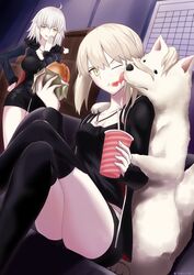  2girls ahoge alternate_costume animal artoria_pendragon_(fate) black_dress black_jacket blonde_hair blue_coat breasts burger canine cavall_the_2nd coat commentary_request crossed_legs dress eating fate/grand_order fate_(series) food fur-trimmed_coat fur_trim hair_between_eyes highres holding holding_food indoors jacket jeanne_d&#039;arc_alter_(fate) jeanne_d&#039;arc_alter_(ver._shinjuku_1999)_(fate) jewelry large_breasts licking long_sleeves multiple_girls necklace official_alternate_costume one_eye_closed saber_alter saber_alter_(ver._shinjuku_1999)_(fate) shidou_(x_2903) short_dress short_hair short_shorts shorts sitting small_breasts thighhighs twitter_username white_dog white_hair yellow_eyes 