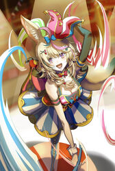  absurdres animal_ears armband asymmetrical_hair balancing black_gloves blonde_hair blue_hair blue_legwear blurry blurry_background braid breasts circus cleavage club_hair_ornament colorful commentary diamond_hair_ornament dress elbow_gloves eyelashes facial_tattoo female fox_ears from_above full_body gloves hair_ornament hat heart heart_hair_ornament highres holding hololive jester_cap lips lipstick looking_at_viewer looking_up makeup medium_breasts medium_hair multicolored multicolored_clothes multicolored_hair multicolored_headwear omaru_polka open_mouth pink_hair purple_eyes ribbon shiba_itsuki short_dress side_braid single_glove skirt sleeveless sleeveless_dress solo spade_hair_ornament standing standing_on_one_leg star-shaped_pupils star_(symbol) streaked_hair striped striped_legwear sweat symbol-shaped_pupils tattoo vertical-striped_legwear vertical-striped_skirt vertical_stripes virtual_youtuber wrist_cuffs x_hair_ornament 