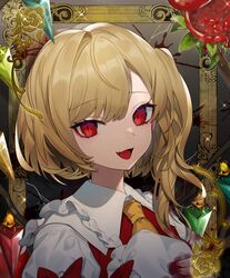  absurdres ascot bad_id bad_twitter_id blonde_hair blood blood_on_clothes bow crystal daimaou_ruaeru female flandre_scarlet floral_print food fruit hat highres holding holding_clothes holding_hat looking_at_viewer one_side_up open_mouth picture_frame pomegranate red_bow red_eyes red_vest rose_print shirt short_hair_with_long_locks smile solo touhou unworn_hat unworn_headwear upper_body vest white_shirt wings yellow_ascot 