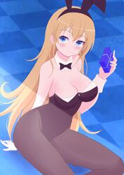  absurdres animal_ears azur_lane black_leotard blonde_hair blue_background blue_eyes bow bowtie breasts cleavage commission fake_animal_ears female gift highres leotard long_hair medium_breasts mikoko1 north_carolina_(azur_lane) playboy_bunny skeb_commission thighs very_long_hair 