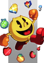  8-bit :d absurdres black_eyes boots food fruit gloves highres long_nose no_humans nose orange_gloves pac-man pac-man_(game) pixels red_footwear silverchariotx smile tongue 