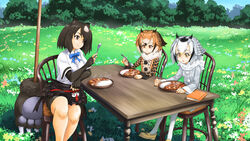  3girls animal_ears apron bear_ears black_bodysuit black_hair blonde_hair bodysuit bodysuit_under_clothes bow bowtie brown_bear_(kemono_friends) brown_coat brown_eyes brown_hair chair closed_mouth coat collared_shirt colored_inner_hair commentary_request curry curry_rice day elbow_rest eurasian_eagle_owl_(kemono_friends) flower food frills fur_collar grass grey_coat grey_hair hair_between_eyes hand_rest hand_up height_difference highres holding holding_spoon japari_symbol kemono_friends long_sleeves looking_at_another looking_at_food looking_at_object md5_mismatch medium_hair microskirt multicolored_hair multiple_girls naka_(nicovideo14185763) northern_white-faced_owl_(kemono_friends) outdoors owl_ears pantyhose parted_bangs parted_lips paw_stick plate pom_pom_(clothes) rice shirt shoes short_sleeves sitting skirt smile spoon steam table two-tone_hair waist_apron white_hair white_legwear white_shirt wing_collar wooden_chair wooden_table yellow_eyes 