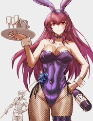  1boy absurdres alcohol animal_ears bottle breasts cleavage covered_navel cu_chulainn_(fate) cu_chulainn_(fate/stay_night) cup detached_collar drinking_glass fake_animal_ears fate/grand_order fate/stay_night fate_(series) female fishnet_pantyhose fishnets gae_bolg_(fate) hair_between_eyes highleg highleg_leotard highres large_breasts leotard long_hair looking_at_viewer official_alternate_costume pantyhose playboy_bunny polearm purple_hair purple_leotard rabbit_ears red_eyes scathach_(fate) scathach_(piercing_bunny)_(fate) smile spear thighs tray tsugu0302 weapon wine wine_bottle wine_glass wrist_cuffs 