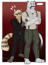  absurd_res anthro clothed clothing cougar digital_media_(artwork) duo echo_(series) echo_project felid feline felis fur hi_res male male/male mammal plantigrade procyonid raccoon samuel_ayers simple_background standing text the_smoke_room unknown_artist white_body white_fur 