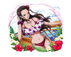  bikini black_hair breasts brown_eyes female flower hibiscus leaf long_hair official_art one_piece one_piece_treasure_cruise red_flower scrunchie solo swimsuit viola_(one_piece) water white_flower wrist_scrunchie 