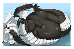  2018 2_heads 2_horns 3_toes 4_fingers belly big_belly big_tail biglovealicia black_body black_claws black_horn black_scales border cel_shading cheek_bulge cheek_frill claws digital_drawing_(artwork) digital_media_(artwork) digitigrade dragon european_mythology fangs feet feral finger_claws fingers frill_(anatomy) full-length_portrait grey_eyes hand_on_belly horn huge_arms huge_belly huge_tail huge_thighs hyper hyper_belly light lighting long_neck long_tail looking_at_viewer lying lying_on_ground male membrane_(anatomy) membranous_wings morbidly_obese morbidly_obese_feral multi_head multicolored_body mythological_creature mythological_scalie mythology obese obese_feral on_ground on_side open_mouth overweight overweight_feral overweight_male portrait scales scalie shaded signature simple_background smile solo tail teeth thick_neck thick_tail thick_thighs toe_claws toes tongue tongue_out two_tone_body western_dragon white_body white_border white_claws white_horn white_scales wings 