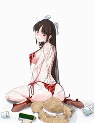  alternate_costume ass bikini black_hair breasts female hair_ribbon hat highres hime_cut hiyou_(kancolle) kantai_collection long_hair medium_breasts osage_gankyou red_bikini red_eyes ribbon side-tie_bikini_bottom sitting solo strap_break straw_hat string_bikini sun_hat swimsuit torn_bikini torn_clothes torn_hat unworn_headwear wariza white_ribbon 