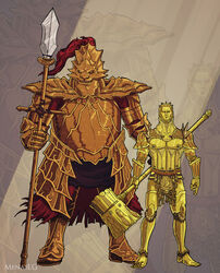  2boys absurdres alternate_height alternate_size armor bad_deviantart_id bad_id dark_souls_(series) dark_souls_i dragon_slayer_ornstein executioner_smough full_armor full_body gauntlets gold_armor hammer height_switch helmet highres holding holding_polearm holding_weapon knight menaslg multiple_boys plate_armor polearm shoulder_armor spear war_hammer weapon zoom_layer 