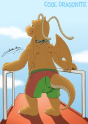  anthro clothing diving_board dragonite generation_1_pokemon green_clothing green_swimming_trunks green_swimwear hi_res male nintendo orange_body pokemon pokemon_(species) rear_view red_clothing red_swimming_trunks red_swimwear sagadreams solo swimming swimming_trunks swimwear 