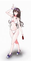  alternate_costume ashigara_(kancolle) bikini bottle breasts brown_eyes brown_hair collarbone eyewear_on_head female hairband heart heart-shaped_eyewear highres holding holding_bottle kantai_collection long_hair medium_breasts navel osage_gankyou purple-tinted_eyewear solo sunglasses swimsuit tinted_eyewear white_bikini white_hairband 