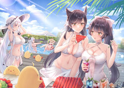  &gt;_&lt; 5girls adapted_costume admiral_hipper_(azur_lane) ahoge alternate_costume animal_ears arms_up atago_(azur_lane) atago_(summer_march)_(azur_lane) azur_lane bare_arms bare_shoulders bikini blue_sky blush bow breasts brown_eyes brown_hair choker cleavage closed_mouth cloud cloudy_sky criss-cross_halter day dog_ears dog_girl drink flag_print flower food fruit german_flag_bikini hair_flower hair_ornament hairbow halterneck hand_on_headwear hat highres holding holding_drink holding_water_gun illustrious_(azur_lane) innertube large_breasts leaf lens_flare light_rays long_hair manjuu_(azur_lane) midriff multiple_girls navel official_alternate_costume one-piece_swimsuit outdoors parted_lips ponytail pool poolside prinz_eugen_(azur_lane) prinz_eugen_(unfading_smile)_(azur_lane) sarong sebu_illust see-through see-through_sarong see-through_swimsuit skirt sky smile standing stomach summer sun_hat sunlight swept_bangs swim_ring swimsuit takao_(azur_lane) takao_(beach_rhapsody)_(azur_lane) tropical_drink water water_gun watermelon watermelon_slice white_bikini white_hair 