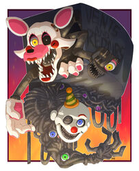  2019 animatronic black_nose black_sclera blue_eyes canid canine clown duo ennard_(fnafsl) eyelashes female fingers five_nights_at_freddy&#039;s five_nights_at_freddy&#039;s_2 fox hi_res humanoid lipstick machine makeup male mammal mangle_(fnaf) nails open_mouth pawpads pink_inner_ear pink_pawpads red_nose robot scottgames sharp_teeth sister_location snazzamazing teeth white_body white_eyes yellow_eyes 