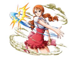  bangle bare_arms bracelet breasts brown_eyes clenched_hand closed_mouth cowboy_shot cross-laced_clothes female frilled_skirt frilled_sleeves frills frown jewelry large_breasts log_pose long_hair miniskirt nami_(one_piece) official_art one_piece one_piece_treasure_cruise orange_hair red_skirt shirt short_sleeves skirt slapping solo spread_fingers swept_bangs transparent_background twintails white_shirt 