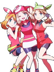  3girls ;d bandana bike_shorts blue_shorts blush bow_hairband breasts brown_hair commentary_request eyelashes gloves green_bandana grey_eyes hairband knees looking_at_viewer may_(pokemon) multiple_girls multiple_persona one_eye_closed open_mouth orange_hair pantyhose_under_shorts pokemon pokemon_emerald pokemon_oras pokemon_rse red_bandana sheyona shirt shoes shorts skirt sleeveless sleeveless_shirt smile teeth tongue upper_teeth_only white_skirt yellow_footwear 