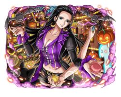  bat_(animal) black_hair blue_eyes breasts cleavage crop_top earrings female food halloween jack-o&#039;-lantern jewelry long_hair macaron midriff nico_robin official_art one_piece one_piece_treasure_cruise 