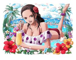  bikini black_hair breasts brown_eyes cleavage female flower hair_flower hair_ornament hibiscus long_hair official_art one_piece one_piece_treasure_cruise palm_tree red_flower solo swimsuit tree viola_(one_piece) water 