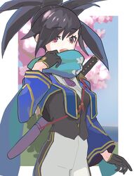  ascot black_gloves black_hair breasts capelet female gloves hair_behind_ear hiei_shana highres kunikuni_(kunihiro2005) looking_at_viewer medium_breasts open_hand open_mouth pants purple_ascot red_eyes sakura_kakumei sakura_taisen scarf sheath sheathed smile solo sword tied_hair weapon weapon_on_back white_pants 