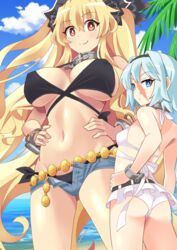  2girls anne_bonny_(fate) anne_bonny_(swimsuit_archer)_(fate) anne_bonny_(swimsuit_archer)_(first_ascension)_(fate) ass back bare_shoulders beach belly_chain belt bikini black_bikini black_hairband black_headwear blonde_hair blue_eyes blue_shorts blue_sky blush breasts cleavage collar cuffs denim denim_shorts fate/grand_order fate_(series) hairband hat highres jewelry large_breasts long_hair looking_at_viewer mary_read_(fate) mary_read_(swimsuit_archer)_(fate) mary_read_(swimsuit_archer)_(first_ascension)_(fate) metal_collar microskirt multiple_girls navel open_fly outdoors pirate_hat red_eyes scar scar_on_face shimouki_izui shore short_hair short_shorts shorts sidelocks skirt sky small_breasts smile swimsuit thighs two_side_up white_bikini white_hair 