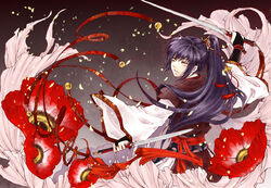  1boy androgynous bad_id bad_pixiv_id bell black_hair bridal_gauntlets chinese_clothes dagger dual_wielding flower from_behind hanfu highres holding knife long_hair looking_back male_focus mamusya original photoshop_(medium) ponytail poppy_(flower) purple_hair ribbon sash solo sword weapon yellow_eyes 