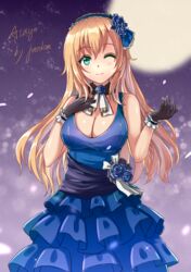  absurdres alternate_costume atago_(kancolle) bare_shoulders black_gloves blonde_hair blue_dress blue_flower blue_rose breasts choker commentary_request cowboy_shot dress dress_flower female flower flower_choker full_moon fur_choker gloves green_eyes hair_flower hair_ornament hairband hand_on_own_chest hands_up highres kantai_collection large_breasts long_hair looking_at_viewer moon one_eye_closed rose saber-freedom sleeveless sleeveless_dress smile solo sparkle standing 