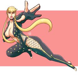  blonde_hair breasts center_opening cleavage female fingerless_gloves fishnets foreshortening gloves innerboob ishida1694 kasuga_(sengoku_basara) large_breasts long_hair ninja open_mouth outstretched_hand sengoku_basara side_slit sidelocks solo toeless_legwear very_long_hair 