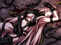  blood blue_eyes breasts chains cleavage commentary_request eyepatch female garter_belt gloves iga_tomoteru large_breasts leotard long_hair lying megurine_luka navel pink_hair single_thighhigh solo thighhighs vocaloid 