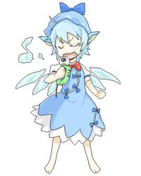  animal_ears barefoot blue_dress blue_hair cirno closed_eyes commentary_request cosplay dress female hat lowres microphone music mystia_lorelei mystia_lorelei_(cosplay) oekaki open_mouth poketto short_hair singing solo touhou u_u wings 