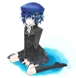  blue_eyes blue_hair cabbie_hat commentary_request female hat k-a-i persona persona_4 school_uniform shirogane_naoto short_hair skirt socks solo yasogami_school_uniform 