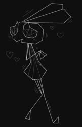  2019 anthro avoid_posting biped black_and_white black_background black_body blush blush_lines clothed clothing colored_line_art digital_media_(artwork) dress female full-length_portrait heart_symbol hi_res lagomorph leporid long_ears mammal monochrome motion_outline nervous pentagram_eyes pivoted_ears polygons portrait rabbit simple_background snaxattacks solo vib-ribbon vibri white_line_art 