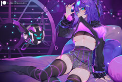  arm_support artist_name bandaid bandaid_on_face bandaid_on_nose bandeau bed belt black_shirt black_thighhighs blue_eyes blue_hair blue_nails blush breasts clothes_lift eyewear_on_head female garter_straps glasses glowing grey_skirt heart high-waist_skirt indoors large_breasts lifting_own_clothes long_sleeves looking_at_viewer melody_(projektmelody) melody_(projektmelody)_(mel&#039;s_hype) miniskirt mouth_hold nanoless no_bra official_alternate_costume on_bed patreon_logo patreon_username pillow pink_shirt purple_belt round_eyewear shirt shirt_lift short_ponytail sitting skirt solo t0m_(projektmelody) thighhighs thighs underboob virtual_youtuber vshojo 