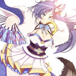  animal_ear_fluff azur_lane blue_eyes breasts cleavage cleavage_cutout clothing_cutout dress female folding_fan hand_fan highres holding holding_fan jintsuu_(azur_lane) kiyo_(a_sam_ko) large_breasts layered_dress long_hair looking_at_viewer purple_hair short_dress simple_background tail white_background white_dress wide_sleeves 