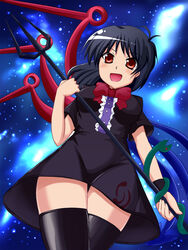  black_hair black_thighhighs commentary_request female houjuu_nue photoshop_(medium) polearm red_eyes short_hair solo thighhighs touhou trident weapon wings yuzuhito zettai_ryouiki 