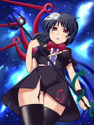  :&lt; black_hair black_thighhighs commentary_request female houjuu_nue no_bra no_panties photoshop_(medium) polearm red_eyes short_hair solo tears thighhighs torn_clothes touhou trident weapon wings yuzuhito zettai_ryouiki 