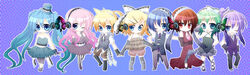  3boys 5girls aqua_eyes aqua_hair blonde_hair blue_eyes blue_hair bow brown_hair butterfly_wings chibi commentary_request dress everyone fingerless_gloves formal gloves green_hair gumi hair_ornament hairbow hairclip hatsune_miku headphones insect_wings kagamine_len kagamine_rin kaito_(vocaloid) kamui_gakupo long_hair magnet_(vocaloid) md5_mismatch megurine_luka meiko_(vocaloid) multiple_boys multiple_girls pantyhose pink_hair purple_hair red_dress red_eyes resolution_mismatch short_hair source_smaller striped_clothes striped_pantyhose suit twintails vertical-striped_clothes vertical-striped_pantyhose vocaloid wings yoitsukishin 