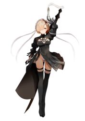  2b_(nier:automata) 2b_(nier:automata)_(cosplay) absurdres arm_up azur_lane black_dress black_thighhighs boots braid breasts center_opening cleavage cleavage_cutout clothing_cutout commentary_request cosplay crossover dress expressionless feather-trimmed_sleeves female frown full_body gloves groin high_heel_boots high_heels highleg highleg_leotard highres holding holding_sword holding_weapon leotard leotard_peek looking_at_viewer maid_headdress medium_breasts nier:automata nier_(series) no_blindfold raru_(nanaharararu) sheffield_(azur_lane) short_hair skindentation solo sword sword_behind_back thigh_boots thighhighs upskirt variant_set virtuous_contract virtuous_treaty weapon white_leotard yellow_eyes 