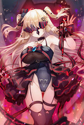  adapted_costume akai_haato artoria_pendragon_(fate) bare_shoulders black_choker black_leotard black_thighhighs blonde_hair breasts choker commentary cosplay eye_mask fate/stay_night fate_(series) female garter_straps hair_between_eyes hair_ornament hairclip hand_on_own_chest heart heart_hair_ornament highres hololive large_breasts leotard long_hair magowasabi official_alternate_hairstyle parted_lips saber_alter saber_alter_(cosplay) signature smile solo standing thighhighs twitter_username two_side_up very_long_hair virtual_youtuber wrist_cuffs x_hair_ornament 