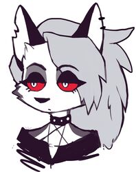  2023 anthro black_clothing black_ears black_eyebrows black_eyelids black_nose black_topwear canid canid_demon canine clothed clothing color_fox demon eyebrows fur grey_body grey_fur grey_hair hair hellhound helluva_boss hi_res iris loona_(helluva_boss) mammal multicolored_body multicolored_fur mythological_canine mythological_creature mythology notched_ear pupils red_sclera simple_background solo topwear white_background white_body white_eyes white_fur white_inner_ear 