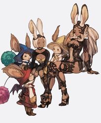  2girls 3boys ^_^ animal_ears bat_wings black_choker black_nails blue_headwear breasts choker cleavage closed_eyes commentary_request dark-skinned_female dark_skin final_fantasy final_fantasy_xii fingernails fran_(ff12) furry glasses gloves hair_intakes hat helmet high_heels horne hurdy long_fingernails long_hair maeka_(kumaekake) medium_breasts mjrn moogle multiple_boys multiple_girls pince-nez ponytail rabbit_ears rabbit_girl red_headwear sharp_fingernails short_hair siblings simple_background sisters sitting smile sorbet_(final_fantasy) standing viera white_background white_hair wings wizard_hat yellow_headwear 