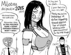  2015 2boys ^_^ absurdres armor bb_(baalbuddy) breastplate breasts cleavage closed_eyes clueless_(meme) commentary company_logo detached_collar english_commentary english_text female glasgow_smile greyscale highres holding holding_pointer lips medium_breasts medium_hair meme midriff mileena_(mortal_kombat) monochrome mortal_kombat_(series) mortal_kombat_x multiple_boys ninja no_veil o-ring_collar object_head parody pointer producer sharp_teeth shoulder_armor slit_pupils solo_focus speech_bubble teeth warner_bros 