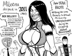  2011 2boys abs absurdres armlet bb_(baalbuddy) breasts center_opening colored_sclera commentary company_logo covered_nipples english_commentary english_text female glasgow_smile greyscale highres large_breasts leotard long_hair mileena_(mortal_kombat) monochrome monster_girl mortal_kombat_(series) mortal_kombat_9 multiple_boys navel ninja no_bra no_veil nose object_head open_mouth parody producer revealing_clothes sharp_teeth slit_pupils solo_focus speech_bubble teeth truth warner_bros 