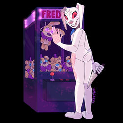  1:1 animal_plushie animate_inanimate anthro bear_plushie black_background black_eyes bow_(feature) bow_tie breasts character_plushie claw_machine clothed_plushie eyebrows female five_nights_at_freddy&#039;s five_nights_at_freddy&#039;s:_security_breach fredbear_(fnaf) glowing glowing_eyes hair hi_res holding_knife holding_object knife lagomorph leporid living_plushie looking_back mammal plushie rabbit rabbit_plushie red_sclera ribbons scottgames simple_background small_tail solo spring_bonnie_(fnaf) standing steel_wool_studios tail vanny_(fnaf) waackery 