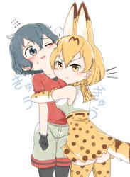  2girls animal_ears black_eyes black_hair blonde_hair blush chis_(js60216) closed_mouth commentary elbow_gloves extra_ears flying_sweatdrops frown gloves grey_shorts high-waist_skirt highres hug jealous kaban_(kemono_friends) kemono_friends looking_at_another looking_at_viewer looking_back miniskirt multiple_girls one_eye_closed open_mouth pantyhose pantyhose_under_shorts possessive print_gloves print_scarf print_skirt print_thighhighs puff_of_air red_shirt scarf serval_(kemono_friends) serval_print shirt short_hair short_sleeves shorts skirt sleeveless sleeveless_shirt smile standing tail thighhighs translated white_background white_shirt yellow_eyes yellow_gloves yellow_legwear yellow_scarf yellow_skirt yuri 