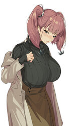  alternate_costume atlanta_(kancolle) bad_id bad_twitter_id black_shirt blush breasts brown_coat brown_hair brown_skirt coat female grey_eyes highres kantai_collection large_breasts long_hair long_sleeves open_mouth oweee shirt simple_background skirt solo two_side_up white_background 